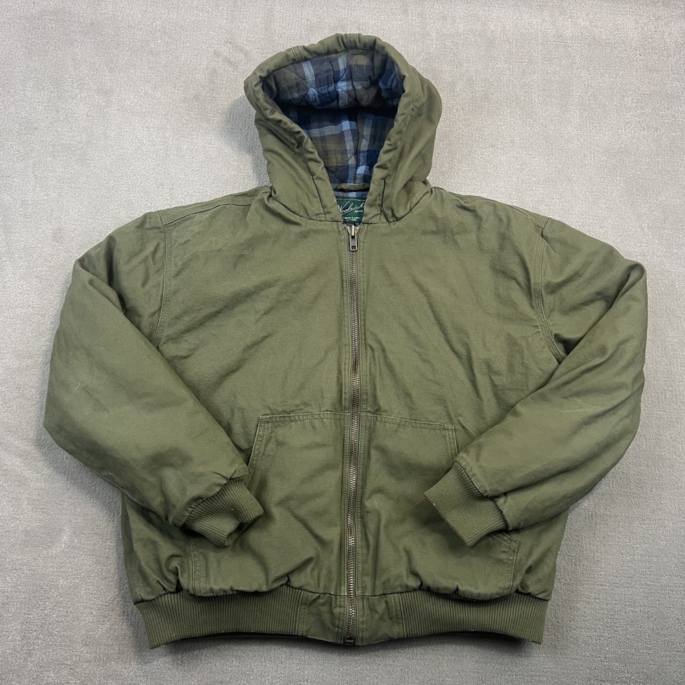 Woolrich Canvas Work Jacket Mens Large Green Hooded Plaid Flannel Lined Quilted